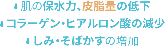 肌の保水力、皮脂量の低下、しみ・そばかすの増加、コラーゲン・ヒアルロン酸の減少